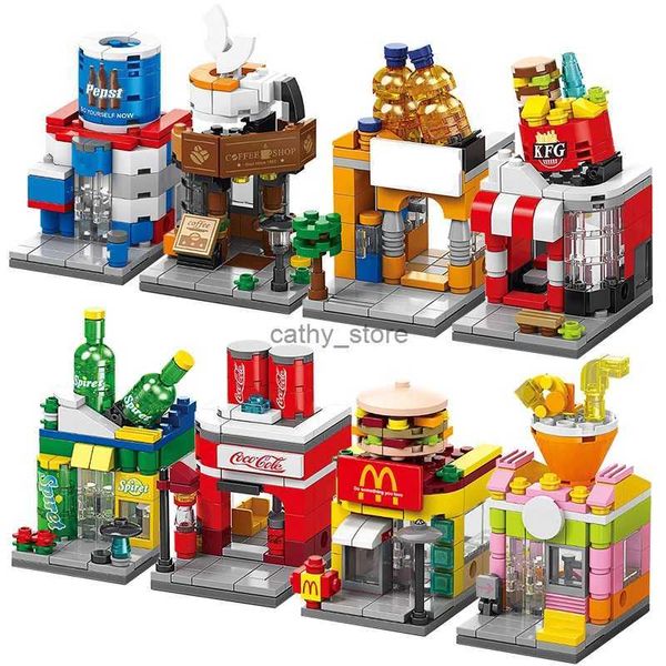 Jouets de véhicules Mini magasin créatif café Burger Shop Snack Bar blocs de construction ville rue vue maison de jeu assembler des briques filles Miniature ToyL231114