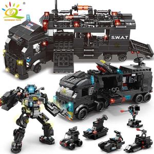 Vehicle Toys HUIQIBAO 454-585PCS 8in1 SWAT Police Command Truck Building Blocks City Helicopter Bricks Kit Educational Toys for ChildrenL231114