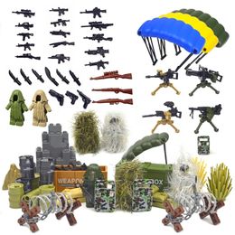 Jouets de véhicules, accessoires militaires, briques, armes Swat, soldats, clôture, costumes Ghillie, pièces MOC de l'armée WW2, bloc de construction, série de scène PUBG 230830