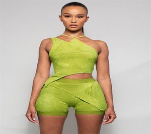 Velours -asymmetrie tracksuits tweedelige set vrouwen avocado halter crop topcrease shorts matching outfit vrouwelijke casual workout atirew8175672