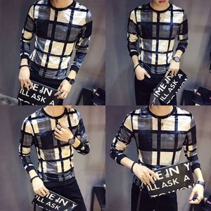 Velor Autumn Lattice Printing Homme Club Tentille Men Slim Fit Long Sleeve O Neck Veet T-shirt 201203