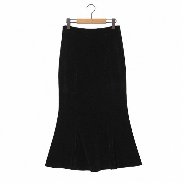 Velour cintura alta midi falda de cola de pez buena calidad más tamaño mujeres otoño e invierno falda de sirena negra francesa g8re #