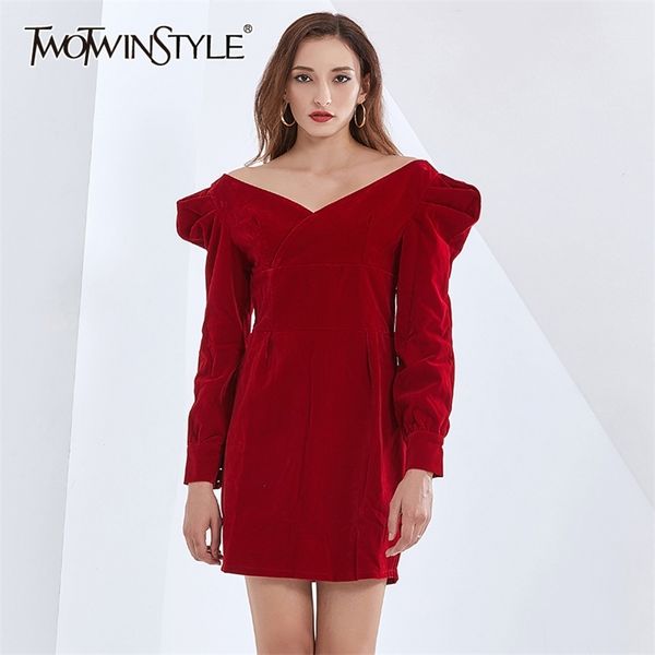 Robe de printemps rouge en velours pour femmes, col en V, manches longues, taille haute, mini robes féminines, vêtements de mode élégants 210520