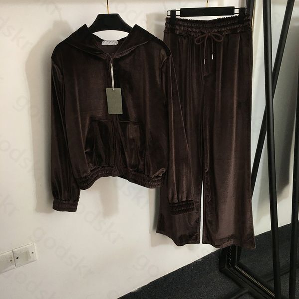 Chándal de terciopelo para mujer, abrigo, pantalones, letras perforadoras, chaqueta de manga larga con capucha y cremallera, pantalones con pernera ancha de cintura alta, conjunto de sudadera