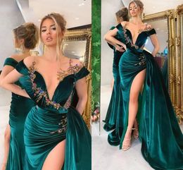 Velours Arabe Aso Ebi Robes De Bal Sirène Longue Peplum Cristaux Scintillants Perlés Hors Épaule Soirée Robes De Réception Sexy Split Plus La Taille Vestidos