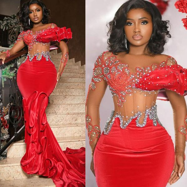 Robe de bal en velours Aso Ebi rouge illusion sirène manches longues col transparent perles robe de soirée formelle pour occasions spéciales robes de fête d'anniversaire robe de fiançailles AM334