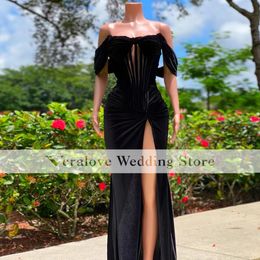 Velvet Black Dress 2022 Off Shoulder Sexy Women Gala Party Gowns Slit Mermaid Evening Prom Dresses Robes De Soirée