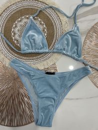 Conjunto de bikini de terciopelo azul Diseñador de dos piezas Bikinis Traje de baño de lujo Traje de baño de moda Mujeres Vendaje Ropa de playa sexy Push Up Trajes de baño Marca Trikini Biquinis XL