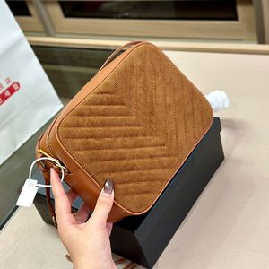 Bolso cruzado con cámara de terciopelo Bolsos de hombro para mujer Letras de moda de cuero genuino Hardware dorado Acolchado en V Cierre de cremallera Bolsos Monedero