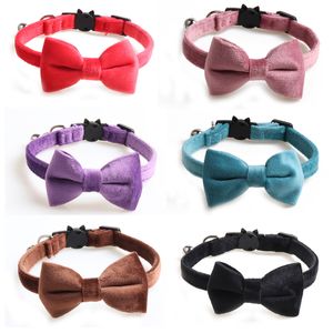 Velvet Cat Collars Collar Solid Color Bowknot Puppy Chihuahua Necklace with Bell Adjustable Safety Buckle Bow Tie Pets Accessories