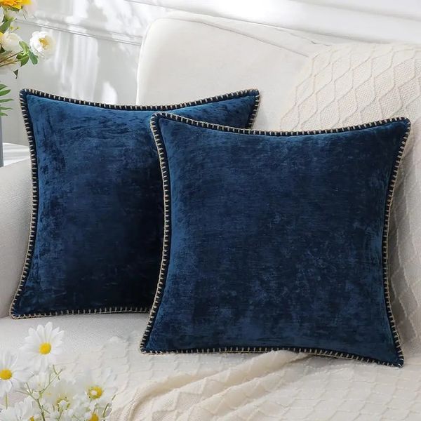 Housses de coussin en velours Chenille, taie d'oreiller bleue avec bord cousu, 18x18, oreillers décoratifs de luxe pour canapé, décoration de la maison, 240129