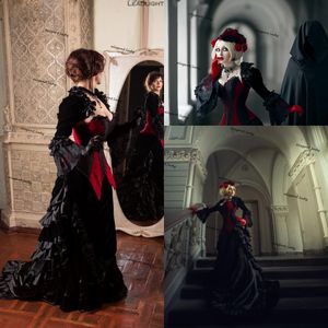 Fluwelen corset trouwjurken zwart rode vampier gotische kwade koningin Victoriaanse bruidsjurk rok met lange mouw jacekt plus size
