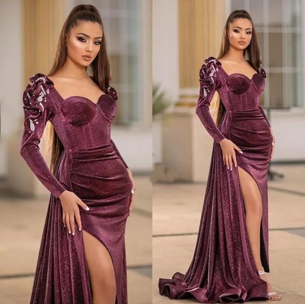 Velours Robes De Soirée Sirène Robe De Soirée De Bal Carré À Manches Longues Etage Longueur Balayage Train Cristal Longue Fermeture Éclair Split Plus La Taille Personnalisée