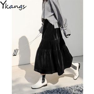 Fluwelen hoge taille lange rok vrouwen herfst winter koreaans zwart geplooid vintage stijl vrouwelijke Midi Saia 220317
