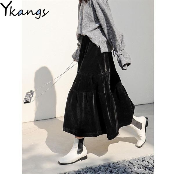 Velours taille haute longue jupe femmes automne hiver coréen noir plissé Style Vintage femme Midi Saia 220317