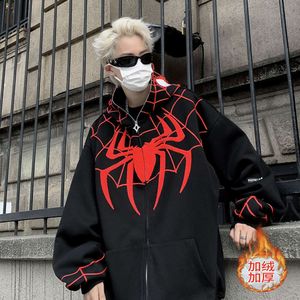 Fluwelen trui met capuchon 320g sporthoodie losse Spider Man volledige doorn geborduurde jas unisex los