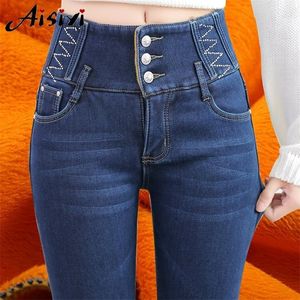 Velvet jeans dames winter warme high taille blauw dunne dames broek vrouwelijke elastische enkel denimjeans voor dames broek plus maat 210302