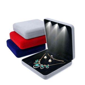 Velours LED lumière bijoux ensemble boîte collier boucles d'oreilles bague bijoux cadeau affichage mallette de rangement avec personnalisé H220505