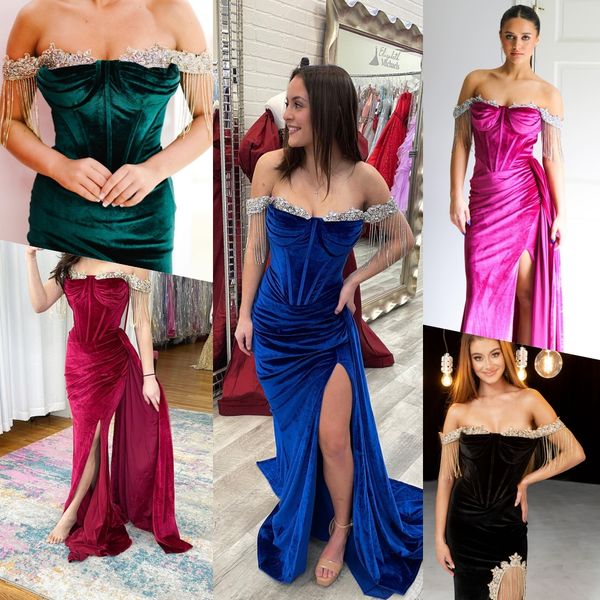 Velours Longue Robe De Bal 2k23 Superposition Off-épaule Fente Ajustée Corset Hiver Court Réchauffement Formelle Soirée De Mariage Robe Pageant Gala Piste Tapis Rouge Emeraude