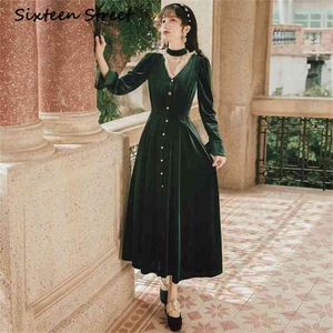 Velours Longue Femmes Robe Maxi Vintage Col V Longueur Cheville Soirée es Manches Vert 210603