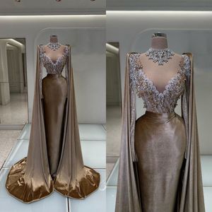 Robe de soirée sirène en velours pour filles, col transparent, manches longues, perles de cristal, robe d'anniversaire, paillettes appliquées, robe de bal