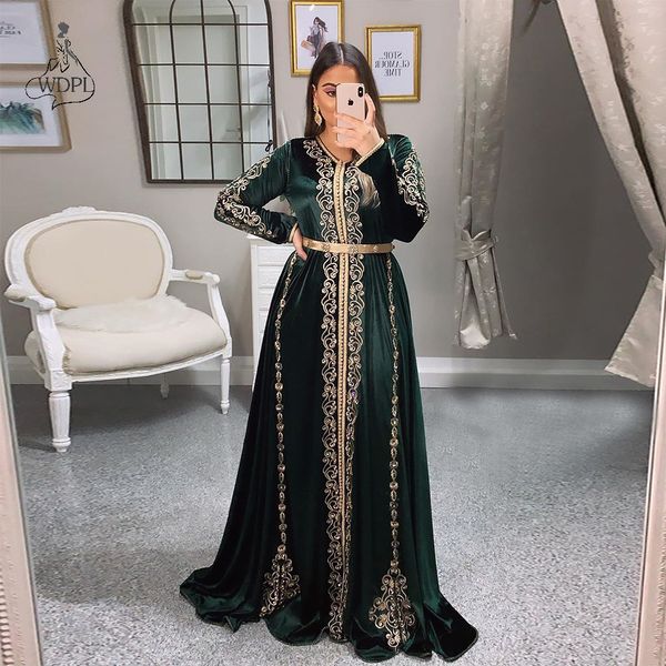 Robe de soirée en velours, caftan marocain, vert chasseur, doré, avec des Appliques brodées, arabie saoudite, robe de bal musulmane à manches longues