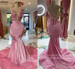 Velours Rose Arabe Aso Ebi Sirène Robes De Soirée En Dentelle Florale Bretelles Spaghetti Slim Fit Robes De Soirée De Bal Criss-cross Bretelles Dos Occasion Spéciale Porter CL2375