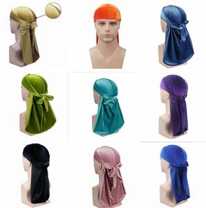 Fluwelen Premium Durag (24 kleuren) 360 Golven Extra Lange riemen voor Mannen Pruiken Doo Durag Biker Hoofddeksels Hoofdband Piraat Hat Du-Rag Cosplay Hat