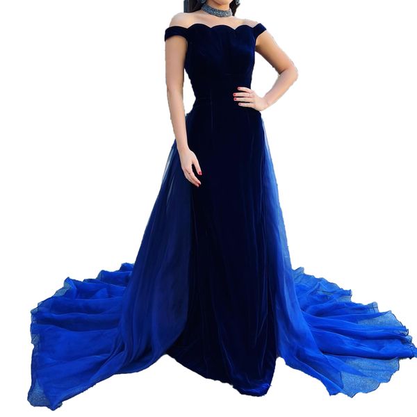 Vestido de fiesta de terciopelo 2023 con gargantilla Sobrefalda de organza festoneado con hombros descubiertos Vestido de fiesta de bodas de noche formal de invierno Desfile de gala Pasarela Alfombra roja equipada Azul marino