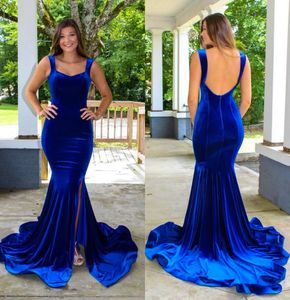 Fluwelen prom jurken 2k18 met riemen zeemeermin koninklijke blauwe formele avondjurk split kant open rug op maat gemaakt