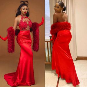 Velvet Red Aso Ebi Mermaid Prom jurk Halter Backless Sexy Lace Formele feestavond tweede receptie Verjaardagsbetrokkenheid Bruidsmeisjes Jurken Afrikaanse jurken AM008