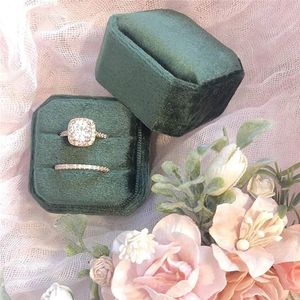 Velvet Ring Box Octagonal Double Ring Pendant Boxes Jewelry Packaging with Detachable Lid for Proposal Engagement Wedding Ceremony