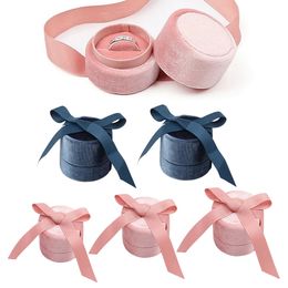 Velvet ronde sieradendoos trouwringkoffer met elegante lint hanger ketting oorbellen sieraden opslaghouder voor voorstel