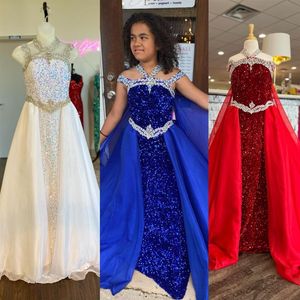 Velvet Sequins Girl Pageant Dress 2023 Cape Crystals Beading Chiffon little Kid Birthday Formal Party Long Gown Toddler Teens Pret3461