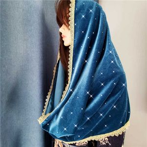 Fluwelen Shining Kralen Mantilla Sluieren voor Kerk Vrouwen Hoofdbedekking Katholieke Massa Ronde Gold Edge Beaded Springing Blue Green X0726