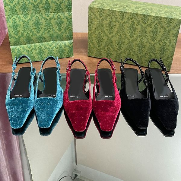 Terciopelo Slingbacks Diseñador Sandalias planas Mujeres Slingback Ballet Punta cuadrada Bomba Clásico Letra Bordado Zapatos de lujo Zapato de vestir Top Calidad de espejo