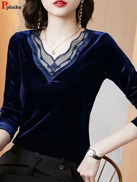 Camiseta de terciopelo con cuello en V para mujer, camisa de talla grande de 85kg, Tops azules de manga larga, blusa ajustada a la moda, jersey de retales para mamá 240130