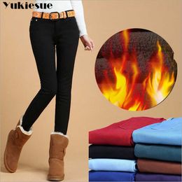 Velvet dikkere dames jeans warme hoge taille broek snoep kleur cowboy broek denim winterpotlood plus maat 210608