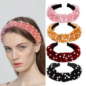 Fluwelen brede hoofdbanden faux parel knot tulband elastische haarband haar hoepels mode haaraccessoires voor vrouwen meisje dames headwrap