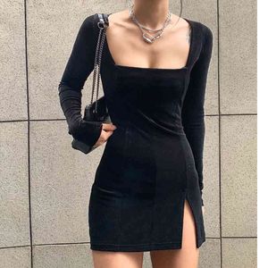 Velours femmes robe moulante Modis soild automne hiver elegent fendu Femme robes fête à manches longues gothique vêtements 210426