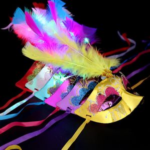 Venetiaans led-masker bruiloftsfeest oplichten glittermasker met verenmasker verkleed festivalkostuumaccessoires