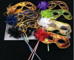 Venetian Masquerade Music Ball Mask on Stick Mardi Gras Costume Eyemask Printing Halloween Carnival Hand Held Stick Party Mask3228095