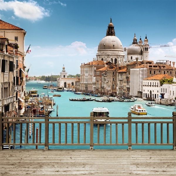 Venise Grand Canal Scène Photographie Décors Plancher De Bois Bâtiments De La Ville Église Clôture En Bois Pont Mariage Scénique Photo Booth Fond