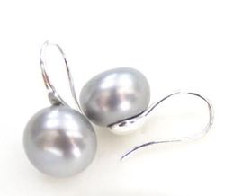 Venta Caliente Nuevo Estilo 11-12mm Natuurlijke Genuino de Plata Gris Perlas de Agua Dulce Pendientes de Plata Esterlina