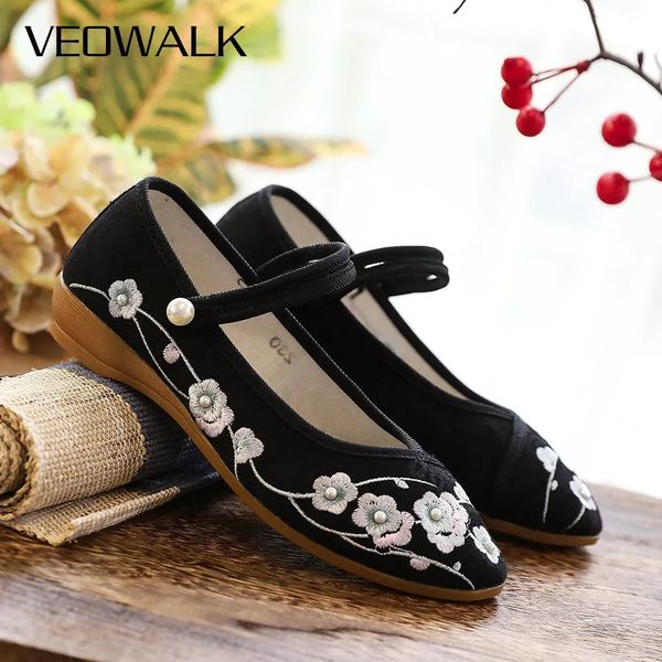 Veowalk perles Rivet coton tissu brodé chaussures plates bout pointu ballerines à la main Style chinois ballerines 240307