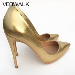 Veowalk glanzende gouden vrouwen sexy stiletto's hoge hakken dames bruiloft bruidspompen Solid kleur puntige teen slip op feestje ol schoenen jurk