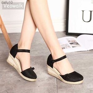 Veowalk Vintage Vrouwen Sandalen Casual Linnen Canvas Wedge Sandials Zomer Enkelbandje 6 cm Med Hak Platform Pomp Espadrilles Schoenen L230704