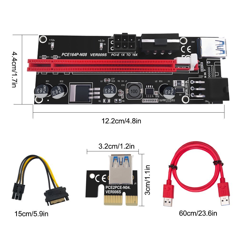 Ver 009S 6PIN SATA POWER PCI Express Slot Riser Tarjeta Riser USB 3.0 PCI-E PCI-Express 1x a 16x Tarjeta de elevador PCIE para Bitcoin BTC Miner Minering