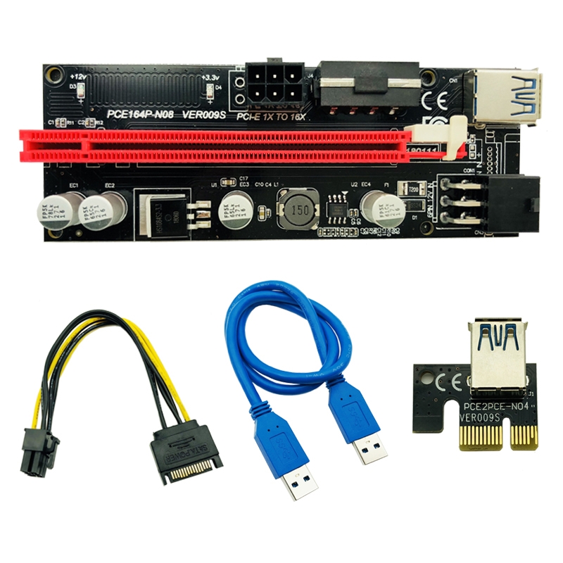 Ver009 USB 3.0 kabel SATA 15pin till 6 Pin Power PCI-E Riser Express 1x 4x 8x 16x Extender Riser Adapter Card för Bitcoin BTC Miner Mining