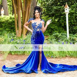 Veralove spleet prom -jurken voor zwarte meisjes Royal Blue Velvet kralen Afrikaanse vrouwen Pageant Gala Party Jurken Vestido de Graduacion